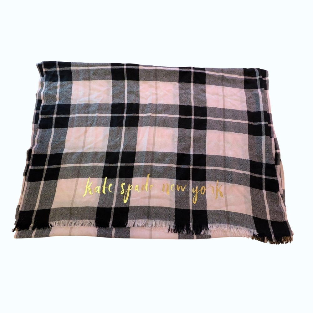 Kate‎ Spade New York Woodland Plaid Oblong Scarf Pastry Pink 100% Wool Gold Logo